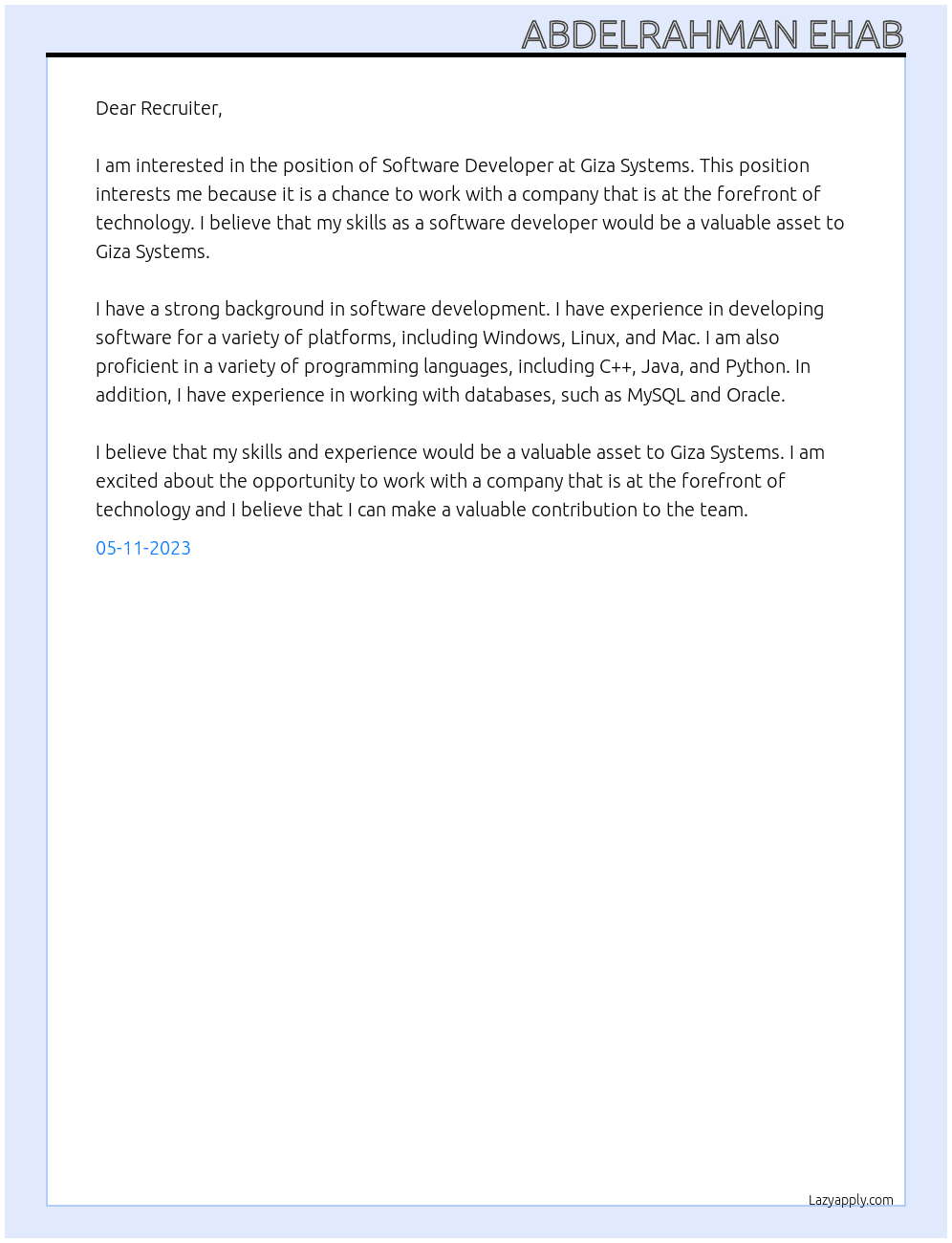 Software Developer At Giza Systems Cover Letter