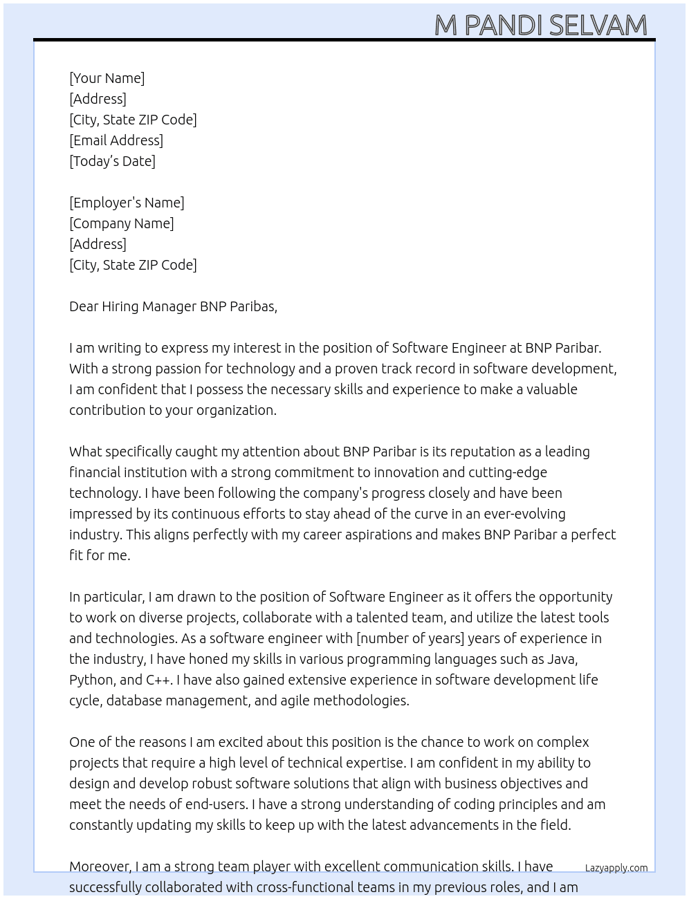 software engineer At BNP Paribar Cover Letter