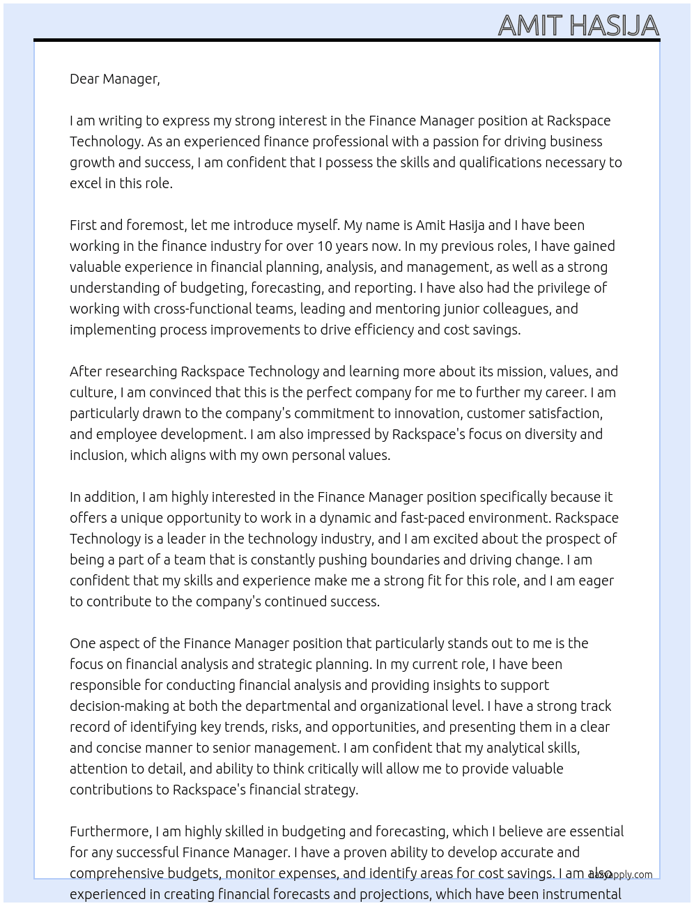 fianance manager At rackspace techonology Cover Letter