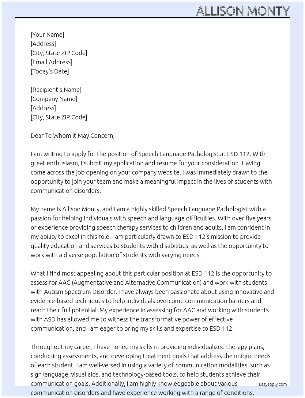 Speech Language Pathologist At ESD 112 Cover Letter