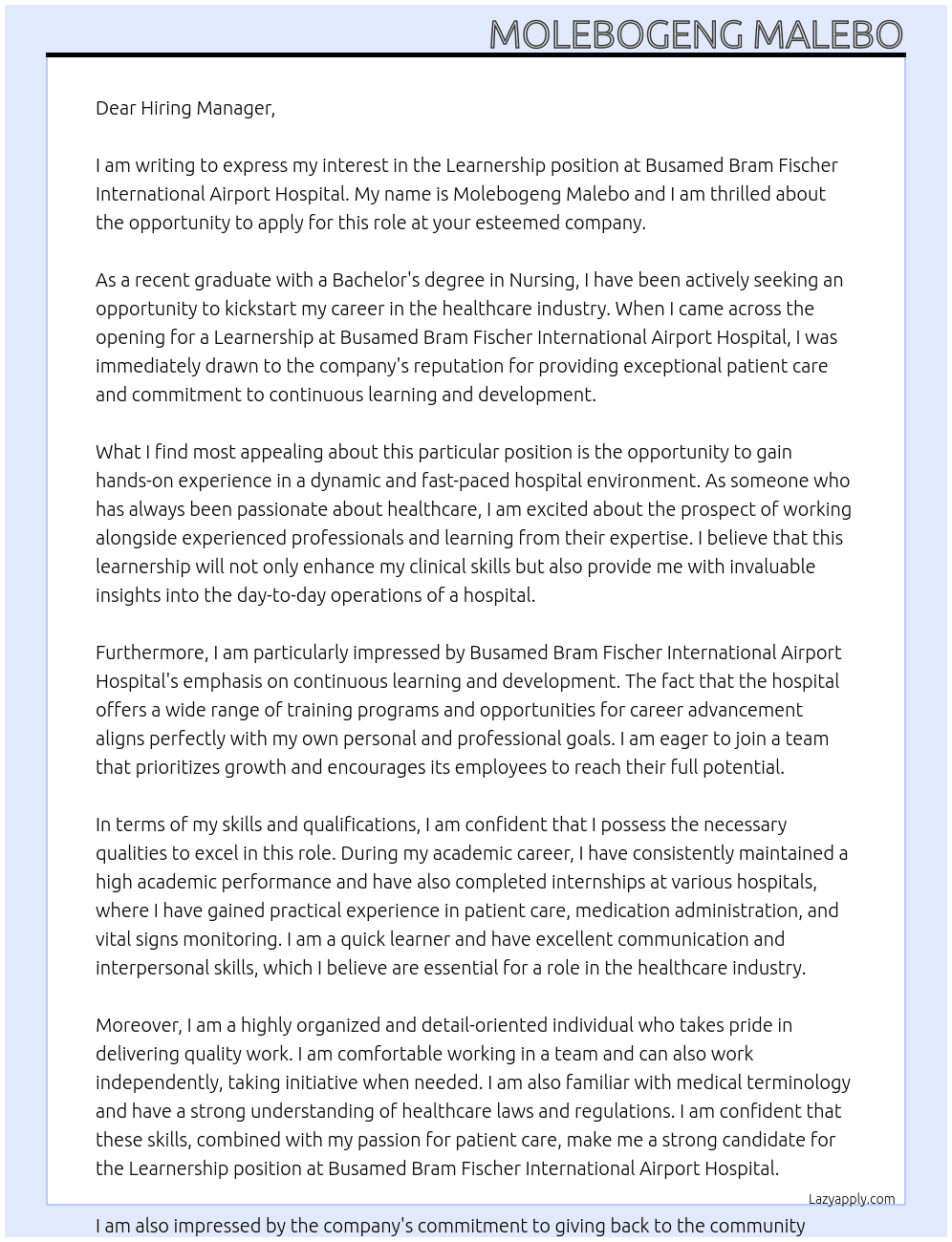 Learnership At Busamed Bram Fischer International Airport Hospital Cover Letter