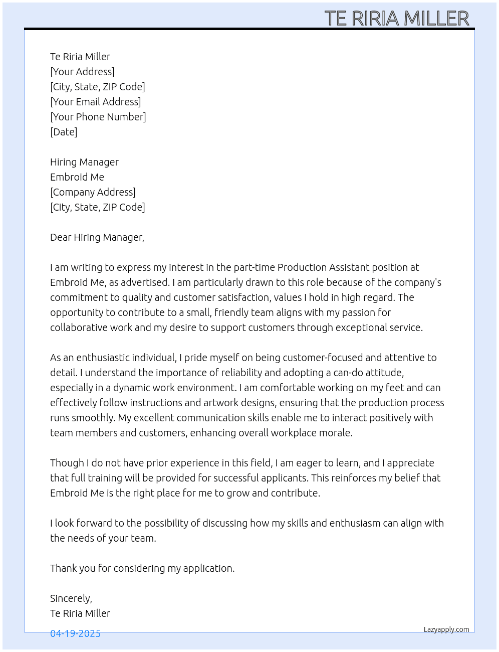Cover letter for production assistant - LazyApply