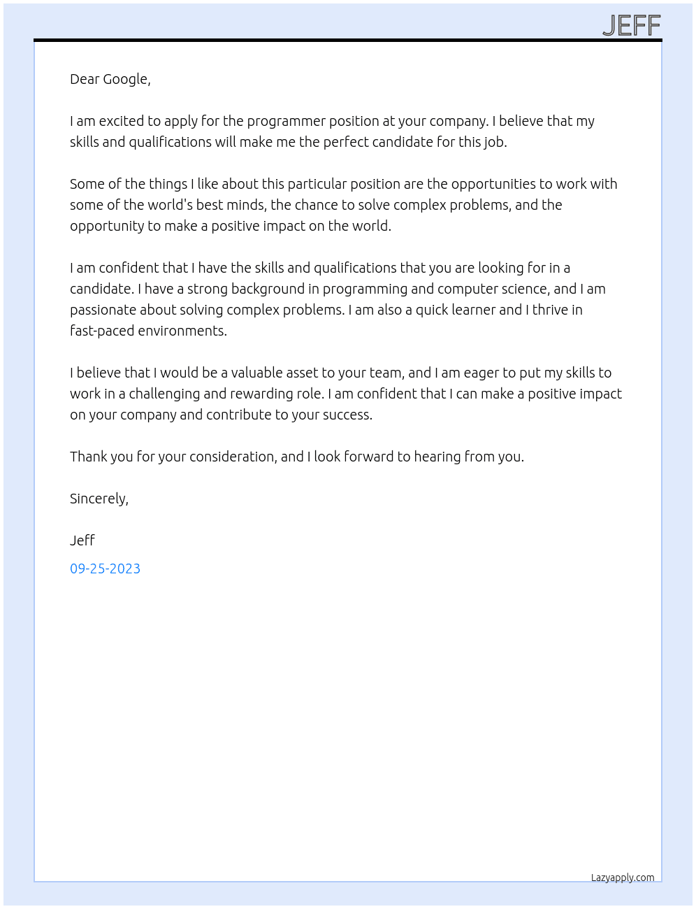 programmer At google Cover Letter