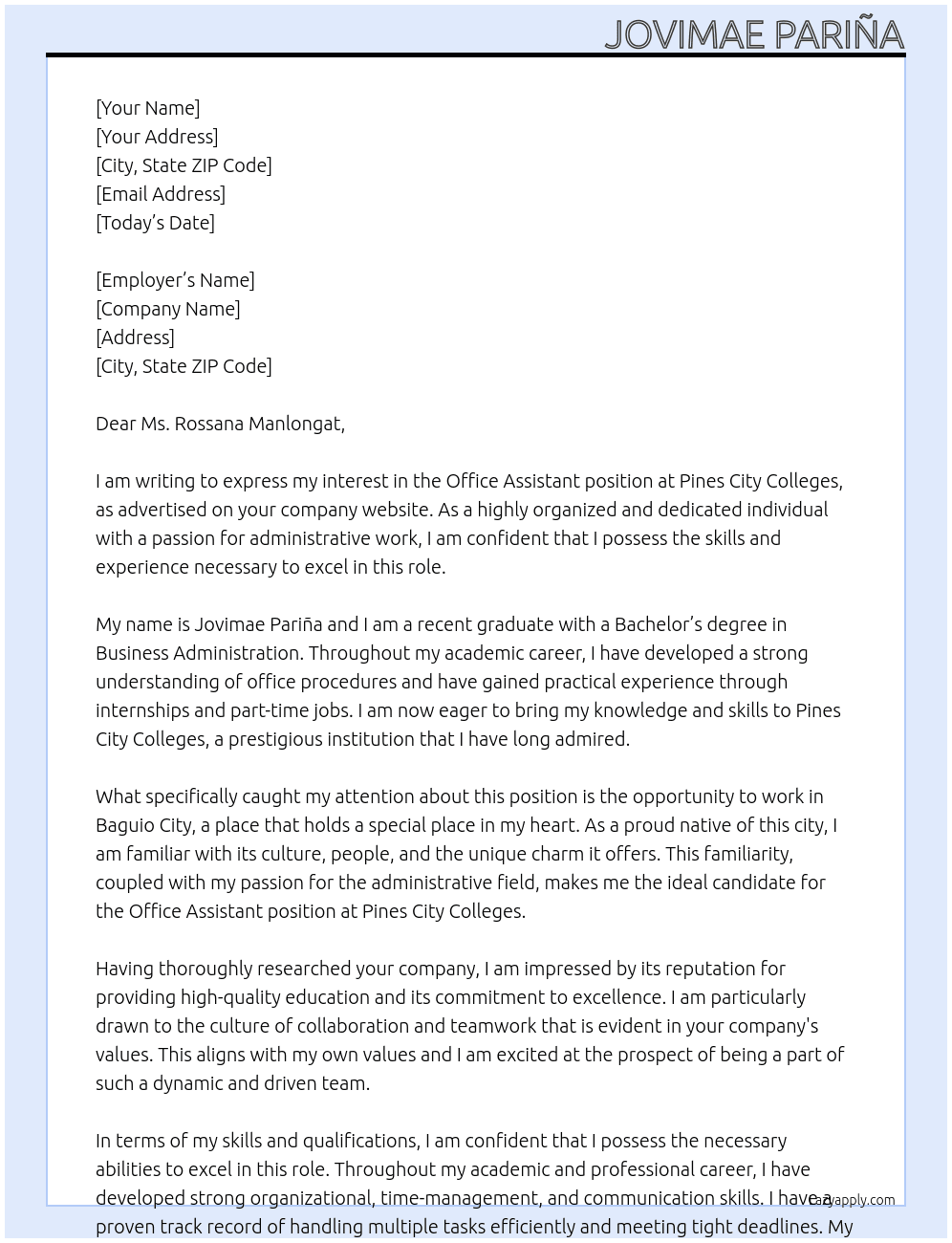 Office Assistant  At Pines City Colleges Cover Letter