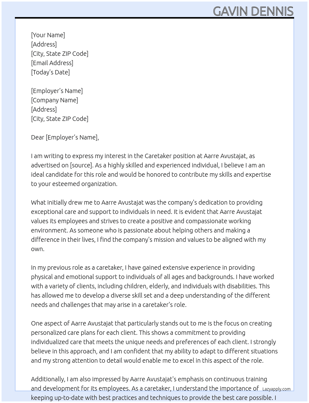 Caretaker At Aarre Avustajat Cover Letter