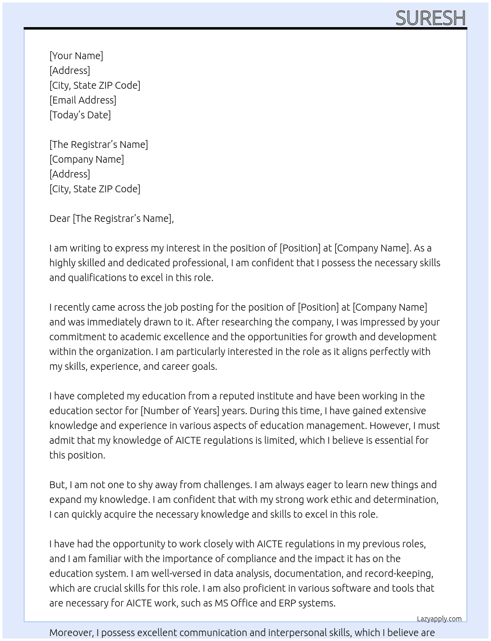 unable to complete AICTE work due to very less working knowledge of AICTE At BITS, Pilani Cover Letter