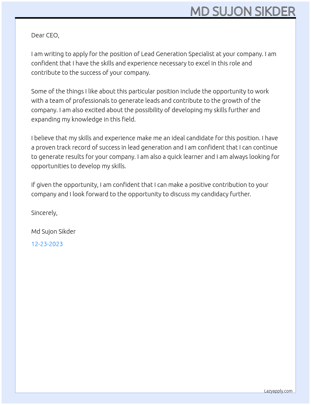 Lead generation Specialist At any Cover Letter