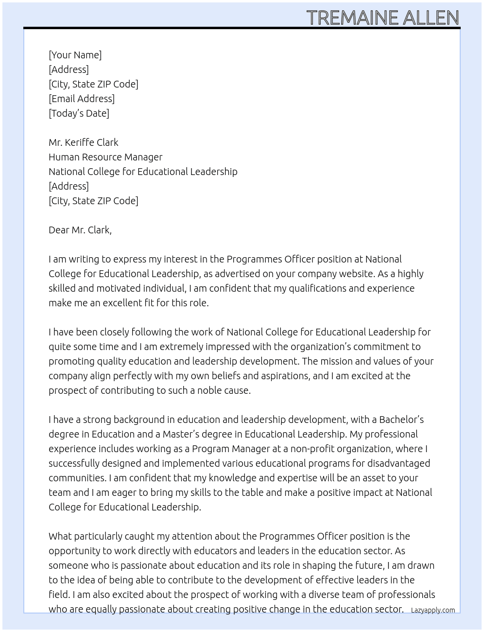 Programmes Officer At National College for Educational Leadership Cover Letter