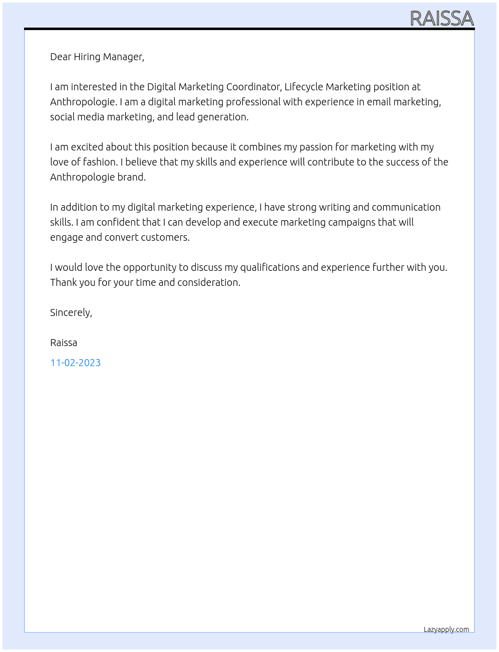 Digital Marketing Coordinator, Lifecycle Marketing At Anthropologie Cover Letter