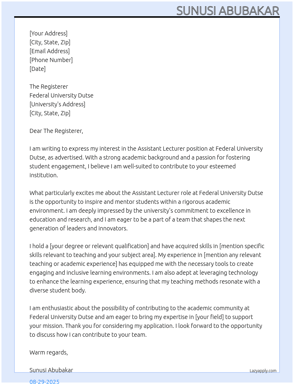 Cover letter for assistant lecturer - LazyApply