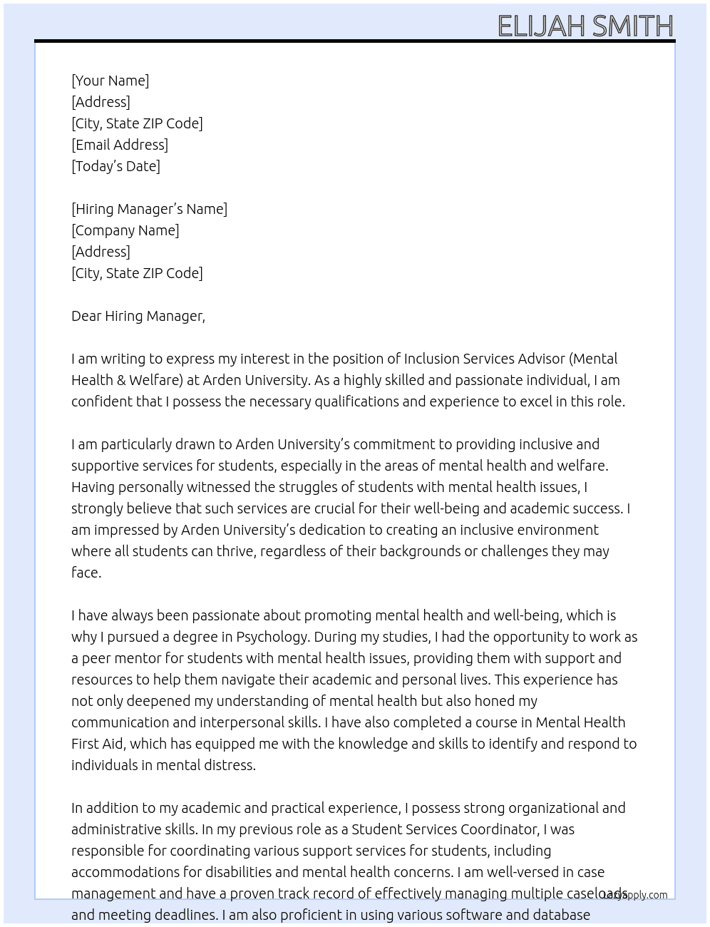 Inclusion Services Advisor (Mental Health & Welfare) At Arden University Cover Letter