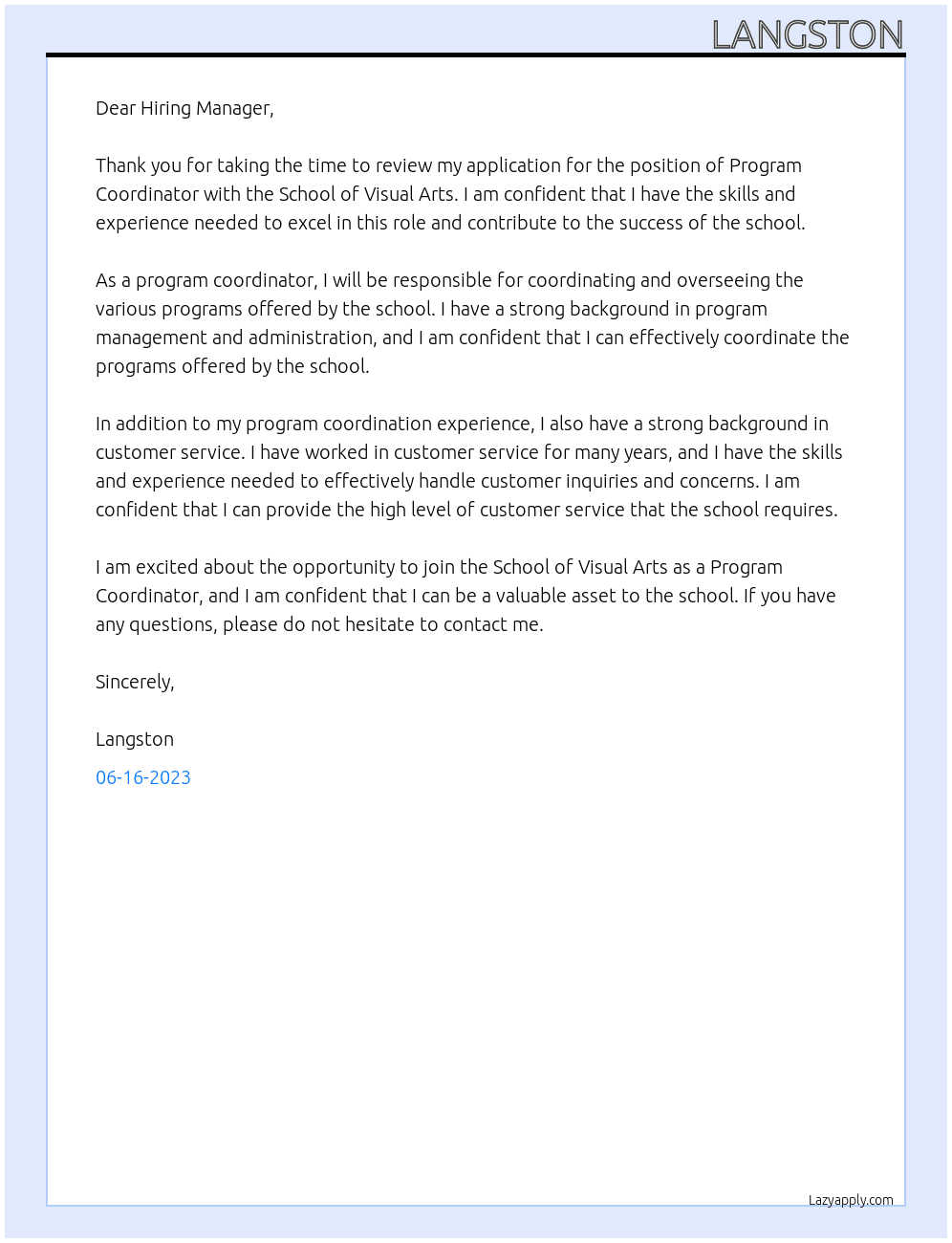 Program Coordinator At School of Visual Arts Cover Letter