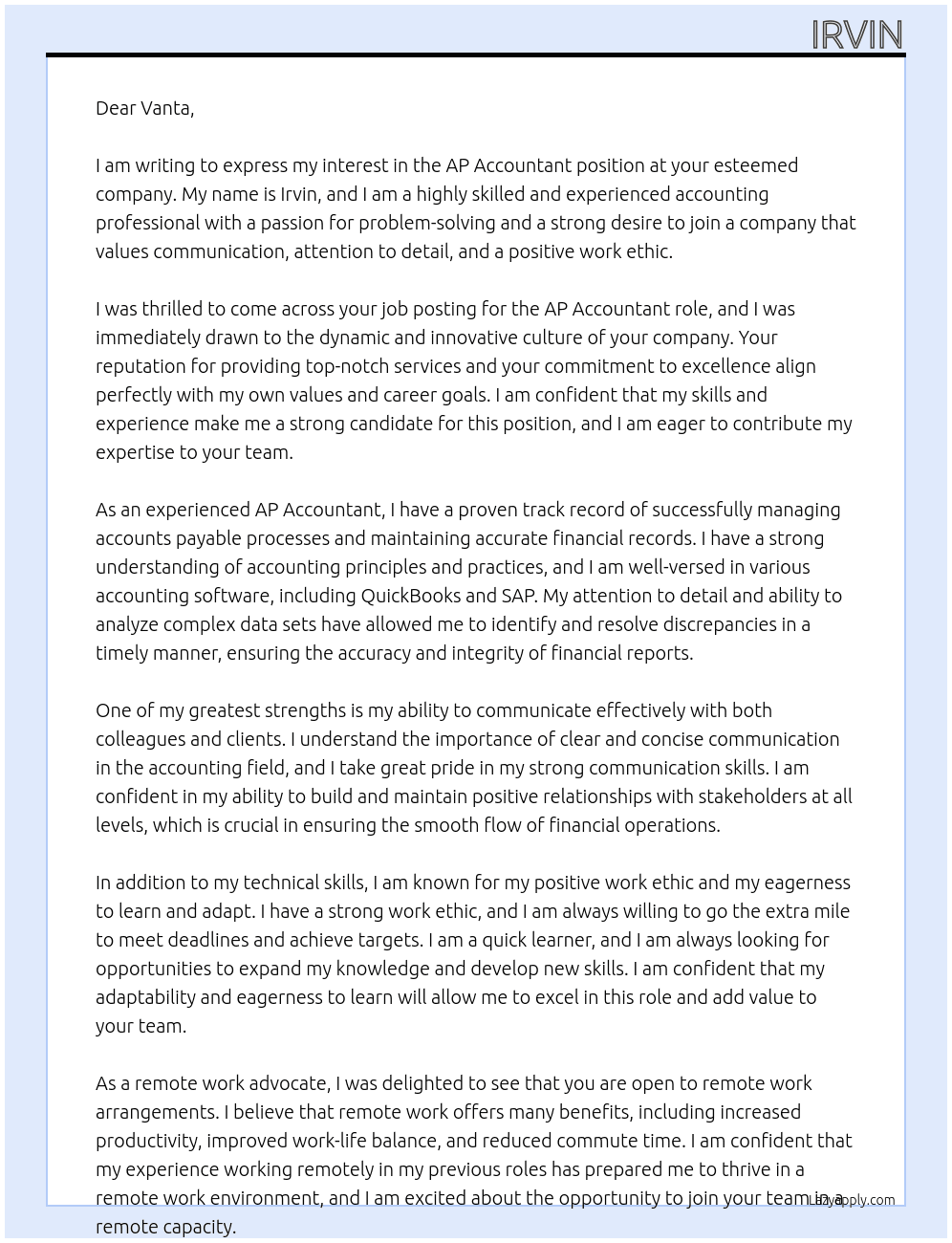 AP Accountant At Vanta Cover Letter