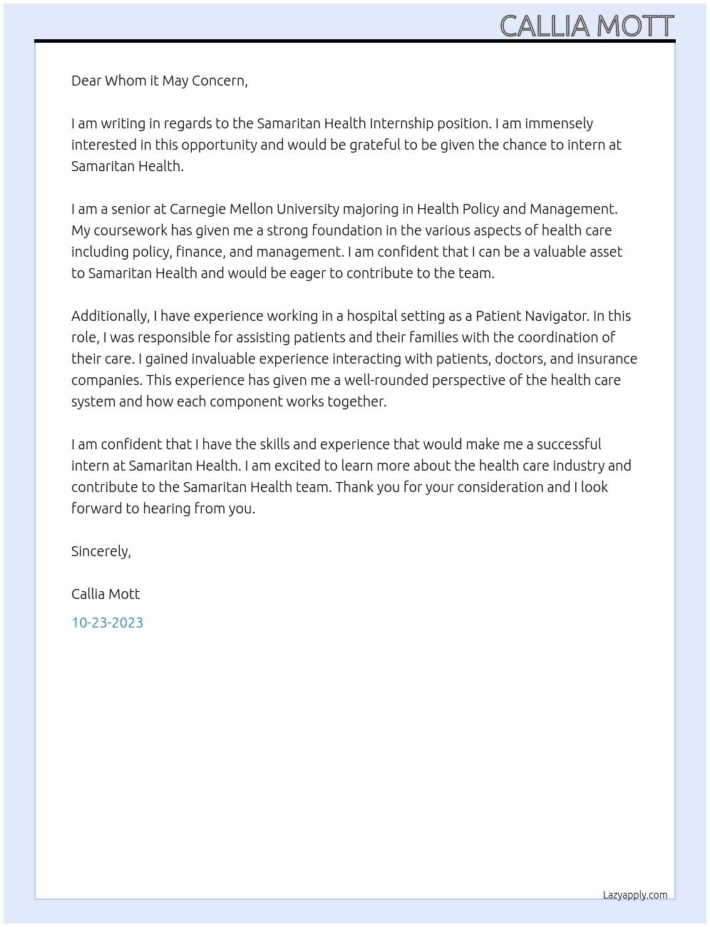 Samaritan Health Internship At Samaritan Health Cover Letter