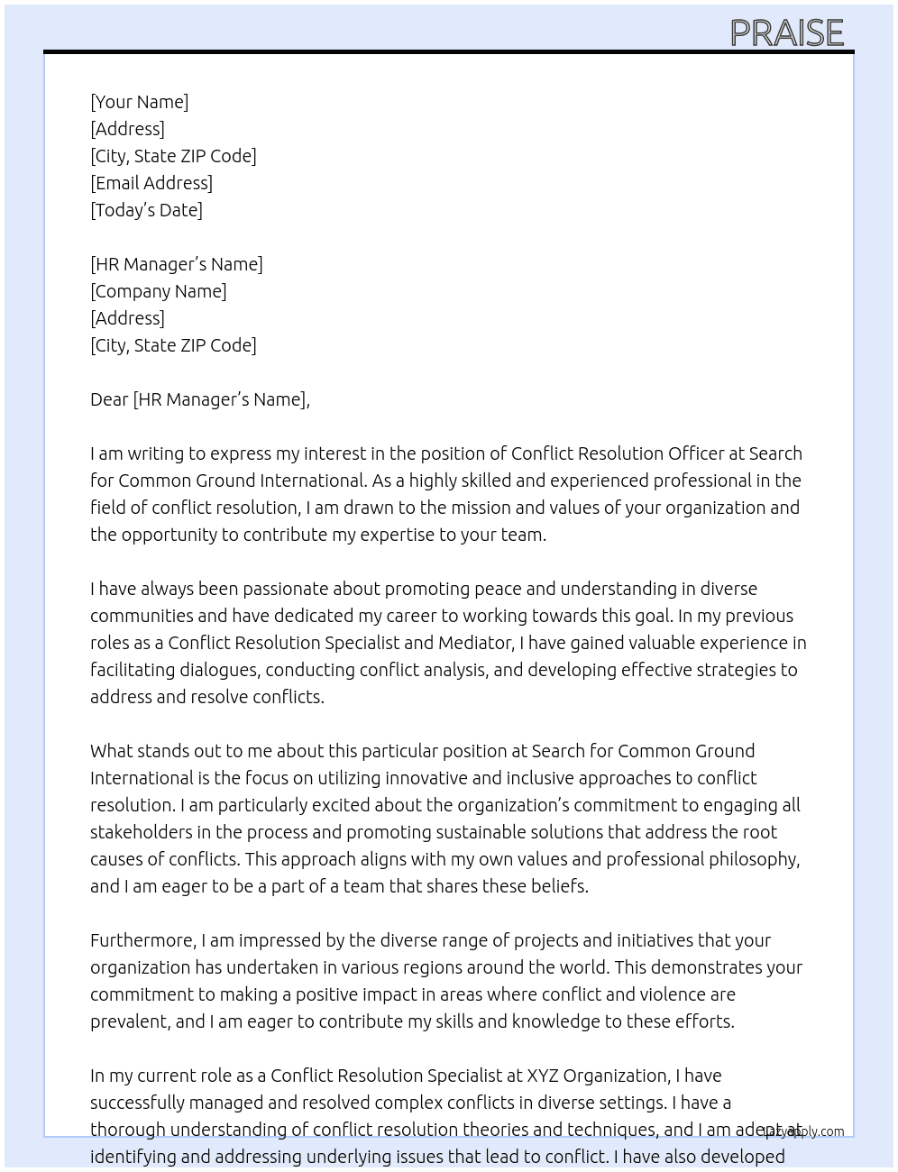 Conflict resolution officer At Search for common ground international  Cover Letter