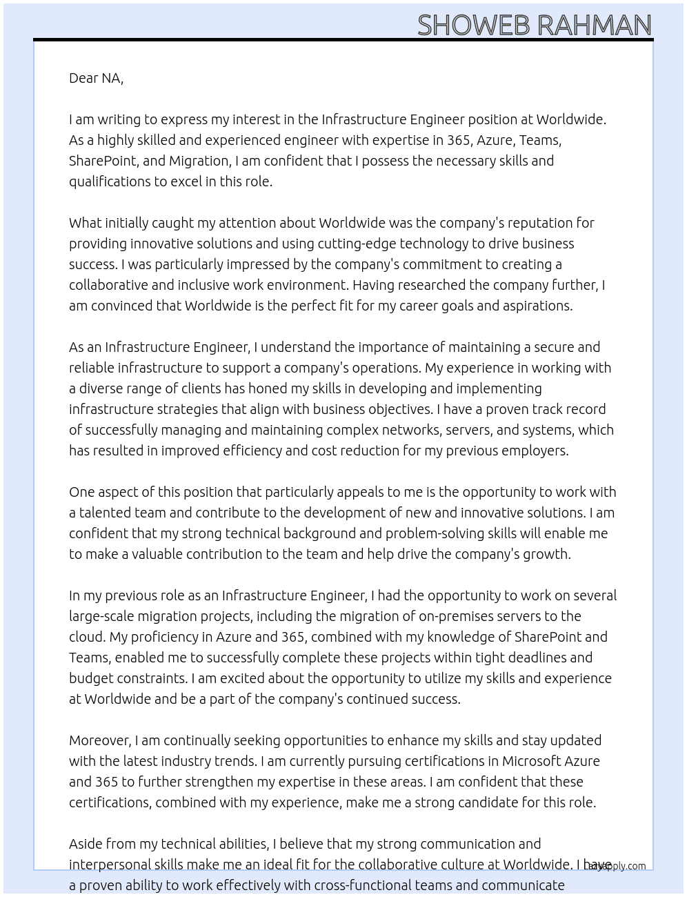Infrastructure engineer At Worldwode Cover Letter