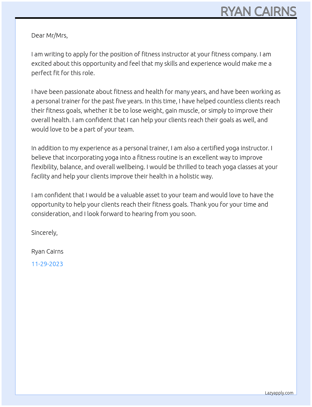 Fitness instructor At fitness company Cover Letter