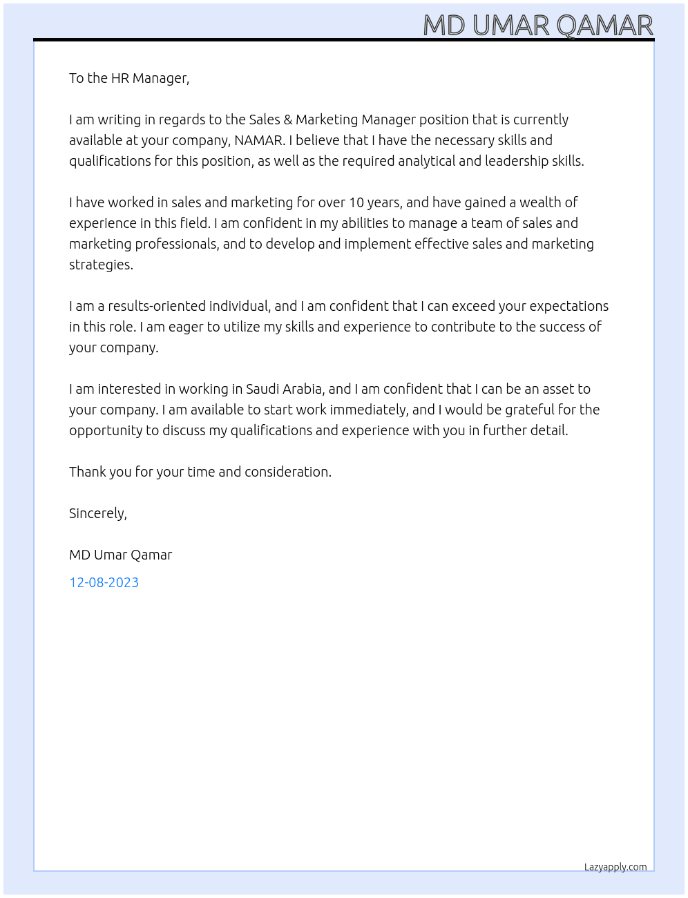 sales & marketing manager At NAMAR Cover Letter