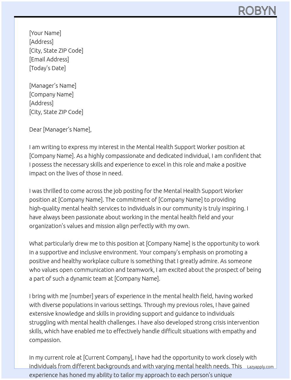 mental health support worker At Heath Cover Letter