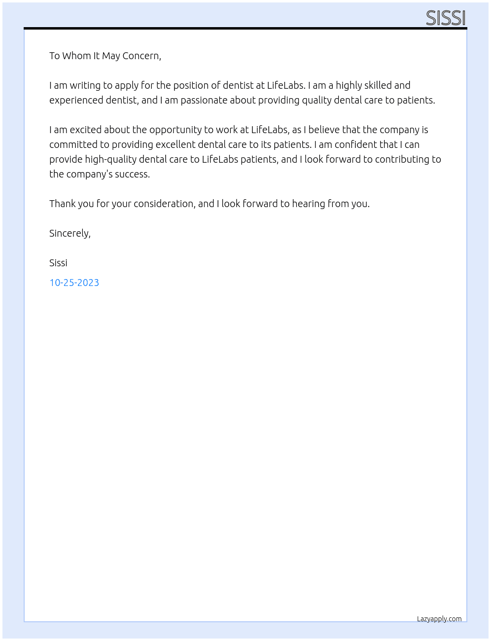 dentist At lifelabs Cover Letter