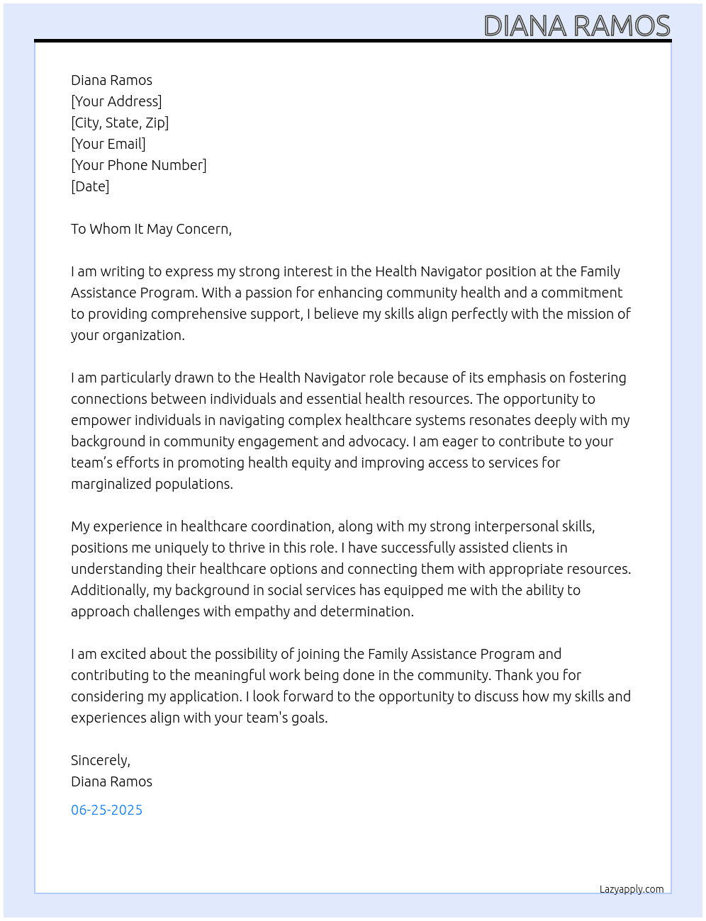 Health Navigator At Family Assistance Program Cover Letter