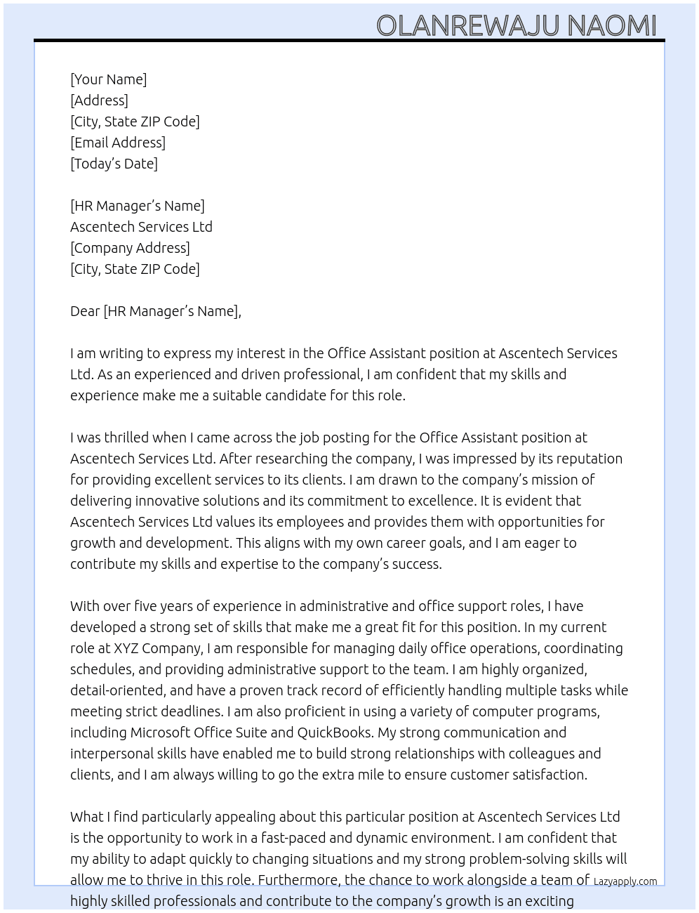 Office Assistant  At Ascentech Services Ltd  Cover Letter
