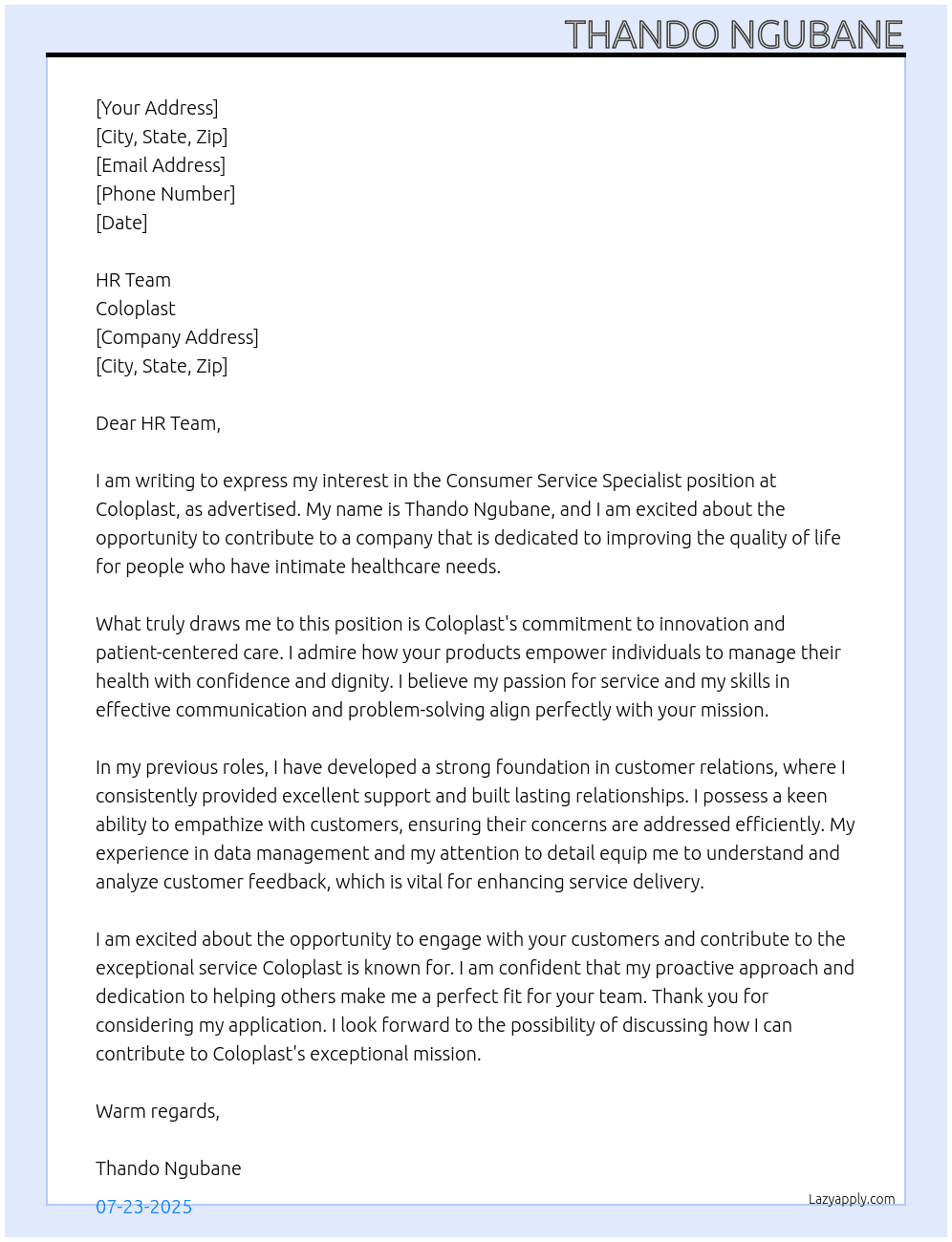 consumer service specialist At Coloplast Cover Letter