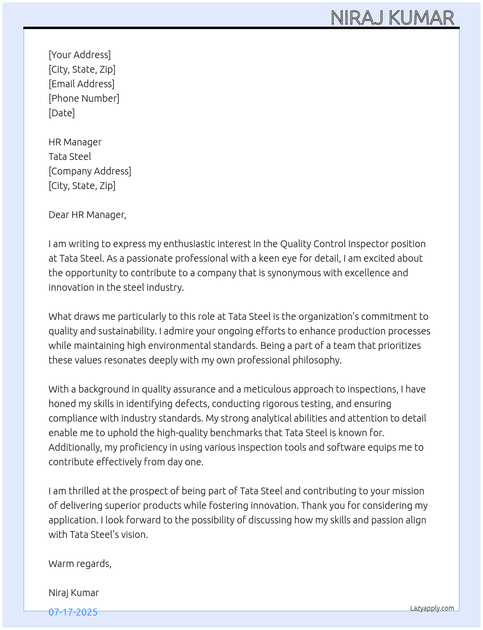Quality Control Inspector  At Tata steel  Cover Letter