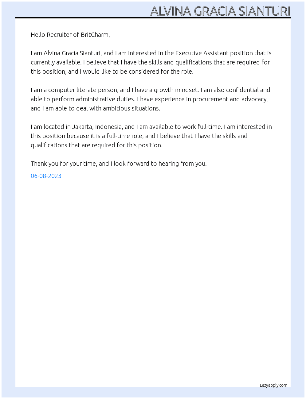 Executive Assistant At BritCharm Cover Letter