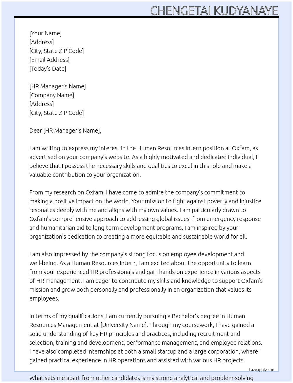Human Resources intern  At Oxfam Cover Letter