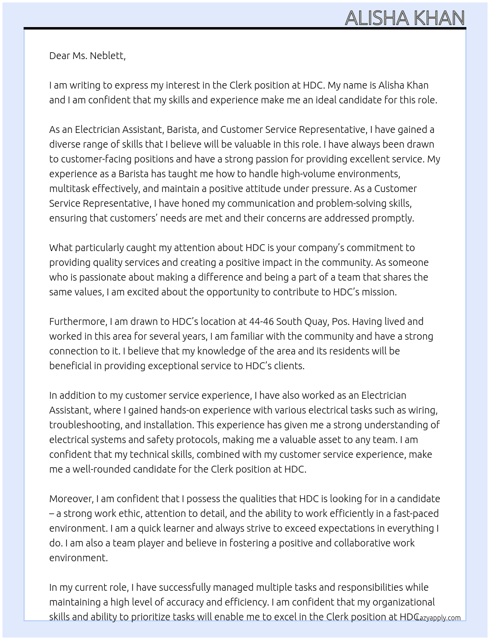 Clerk At HDC Cover Letter