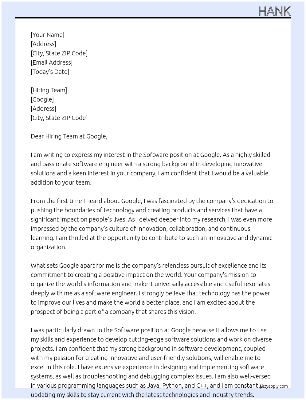 software  At gogole Cover Letter