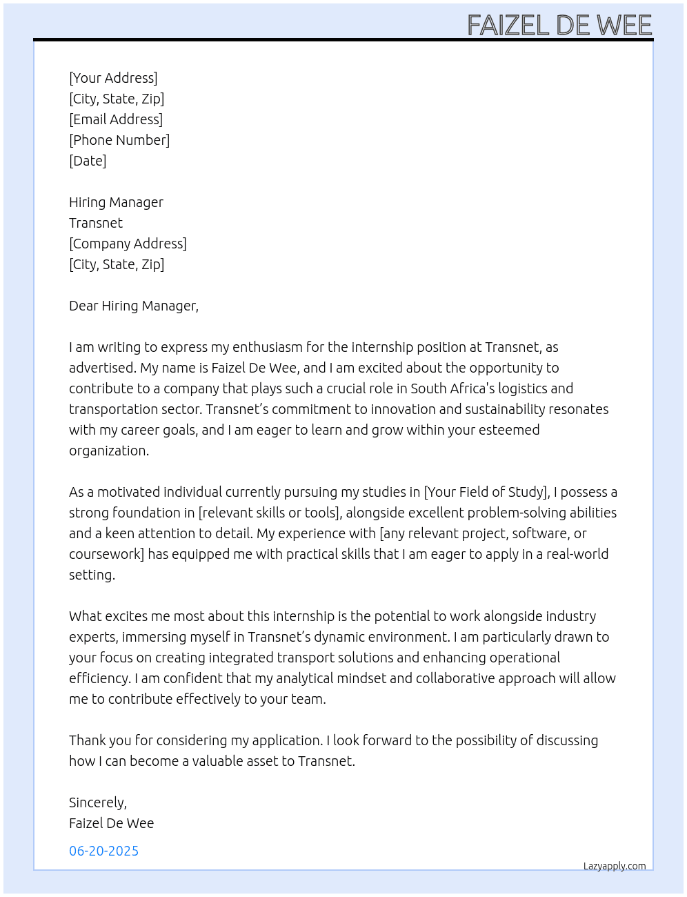 Internship  At Transnet  Cover Letter