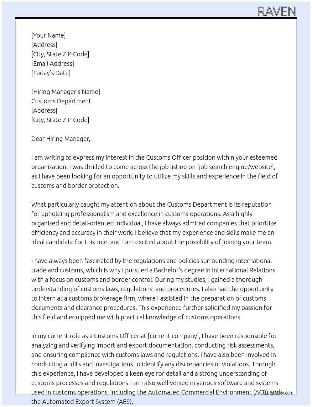 Customs officer  At Customs department  Cover Letter