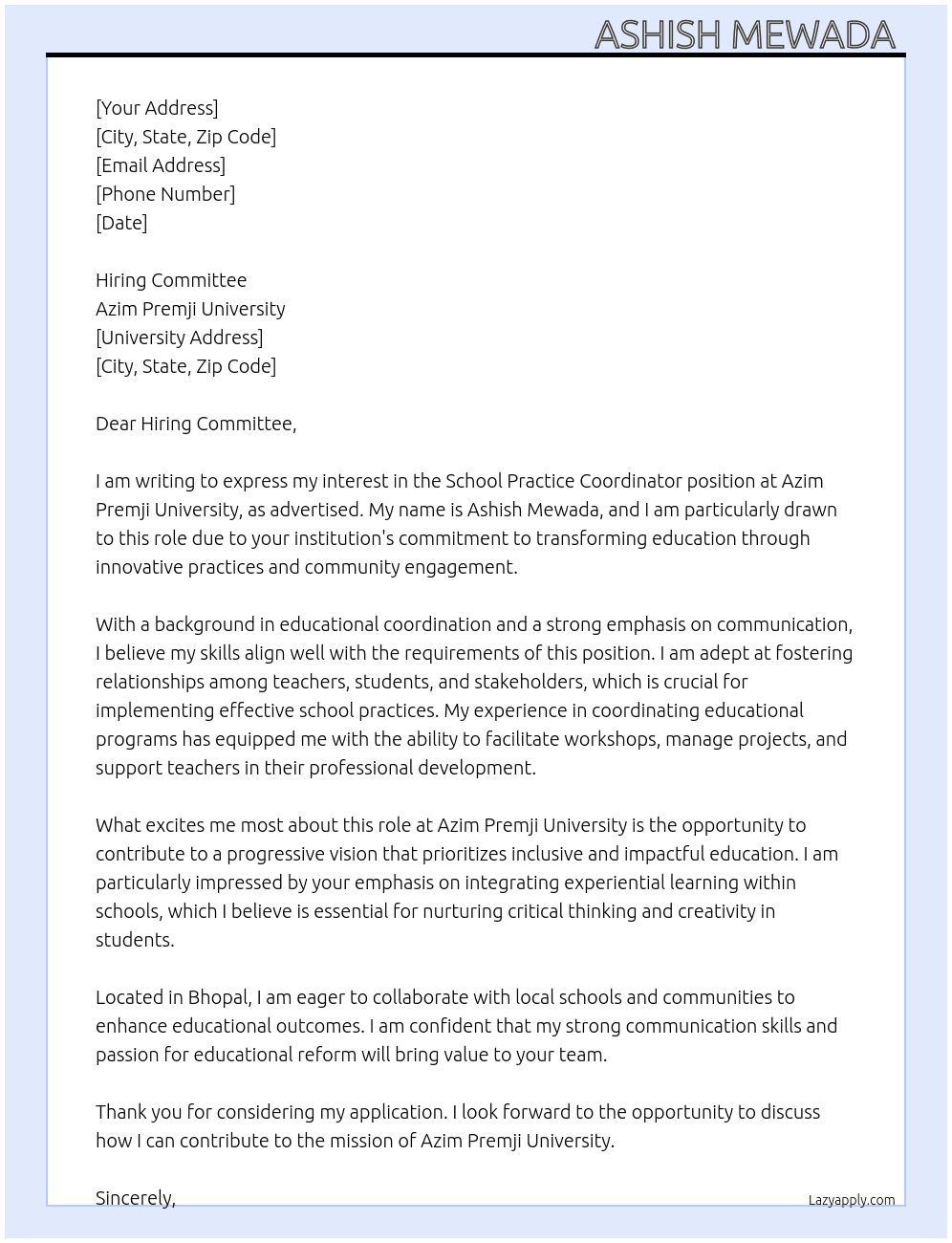 School practice coordinator  At Azim Premji university  Cover Letter