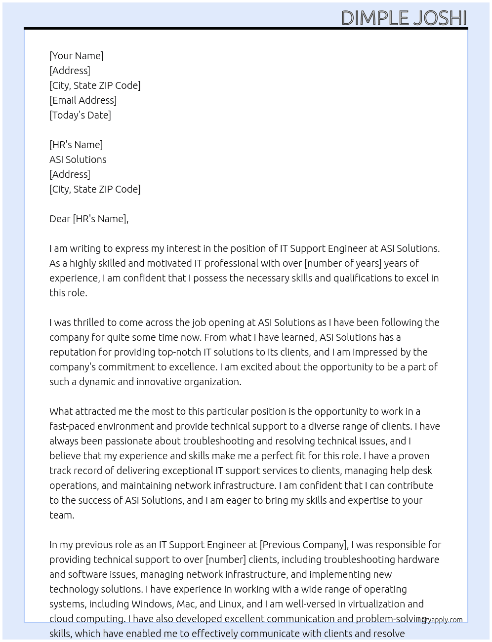 IT support engineer At ASI solutions Cover Letter
