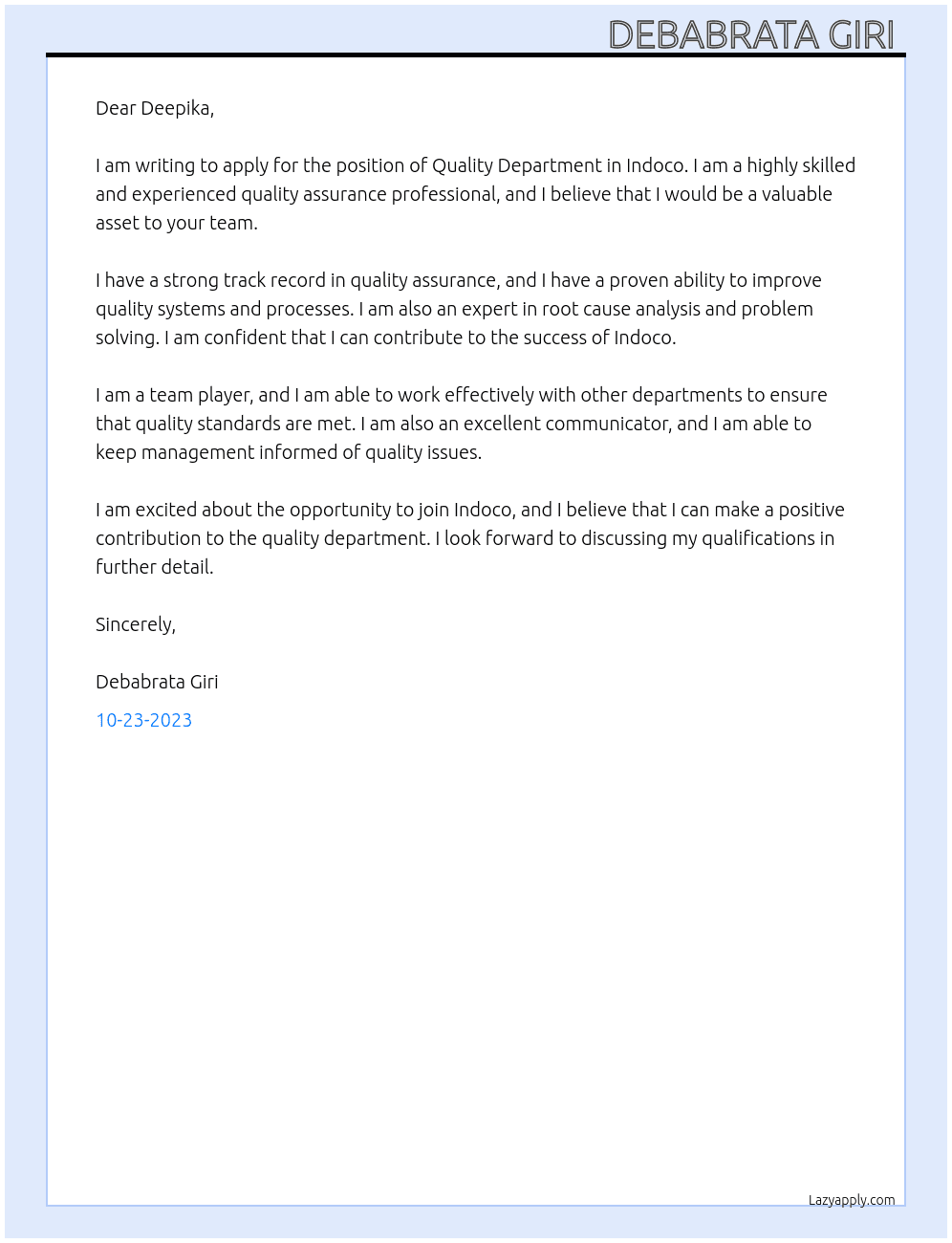 Quality Department  At Indoco Cover Letter