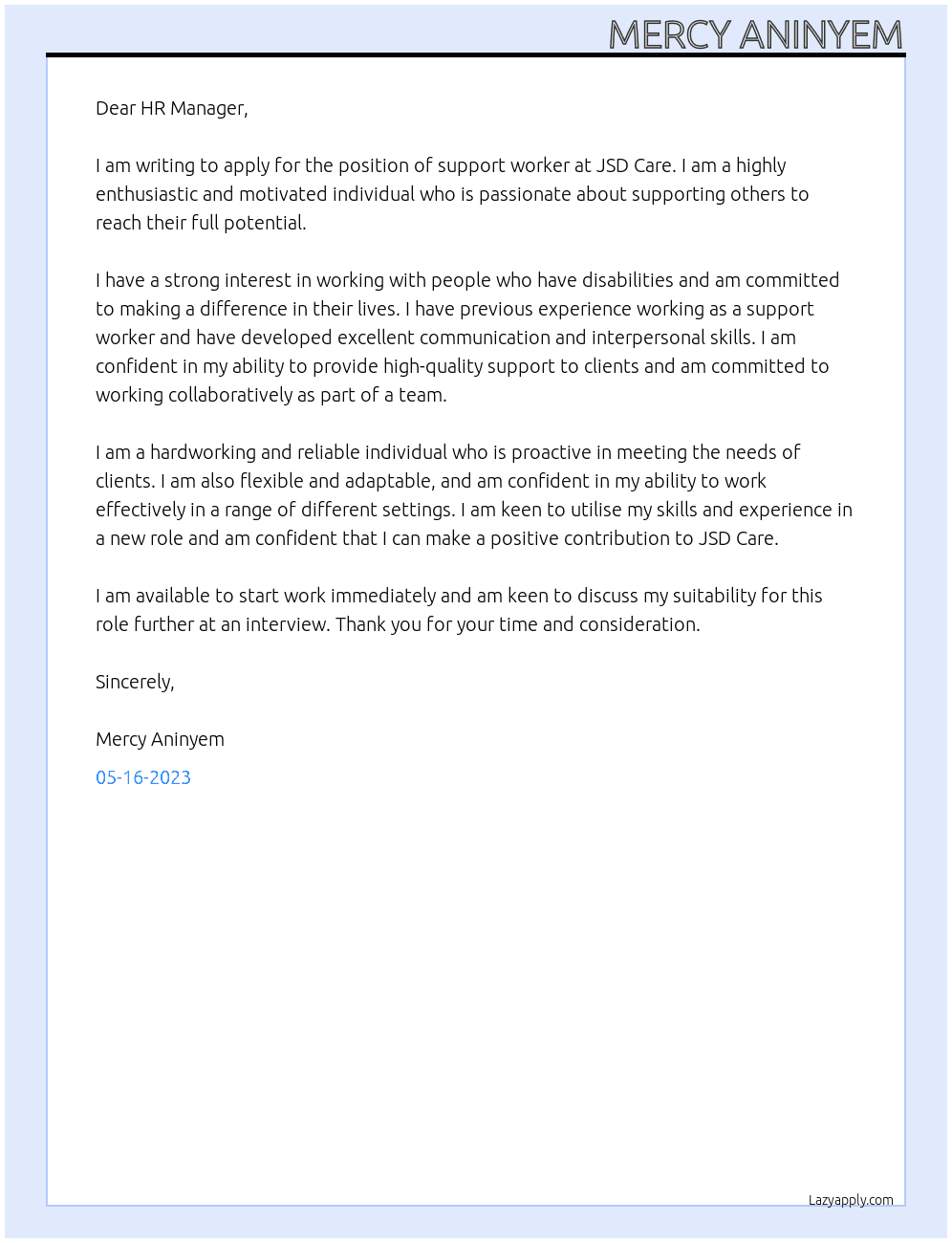 support worker At JSD Care Cover Letter