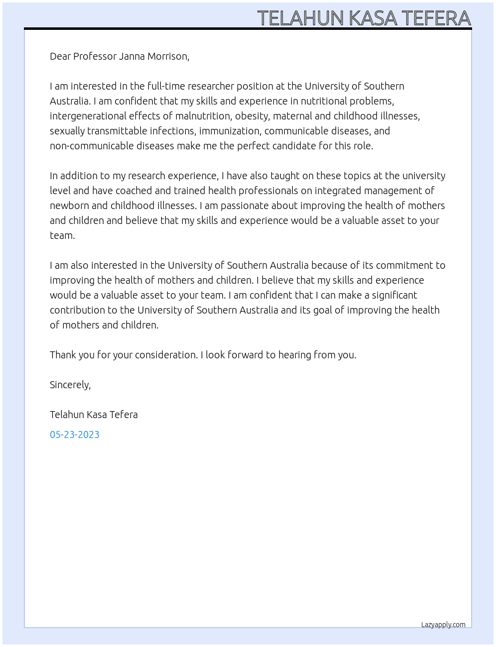 Researcher  At University of Southern Australia Cover Letter