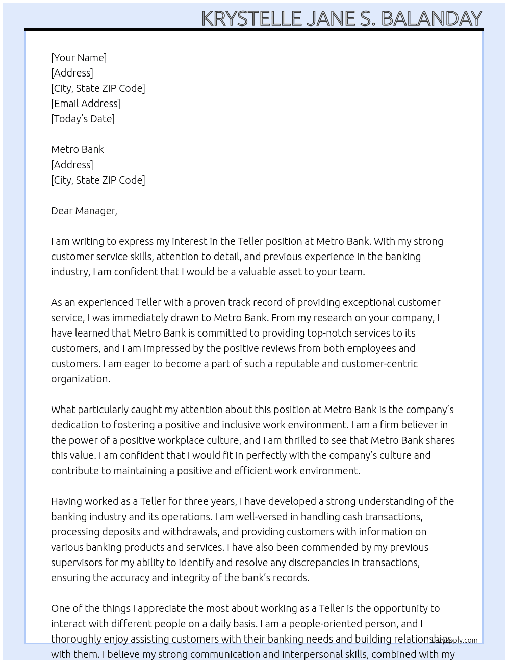 Teller At Metro Bank Cover Letter