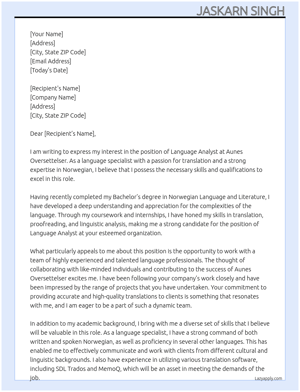 Language Analyst  At Aunes Oversettelser Cover Letter
