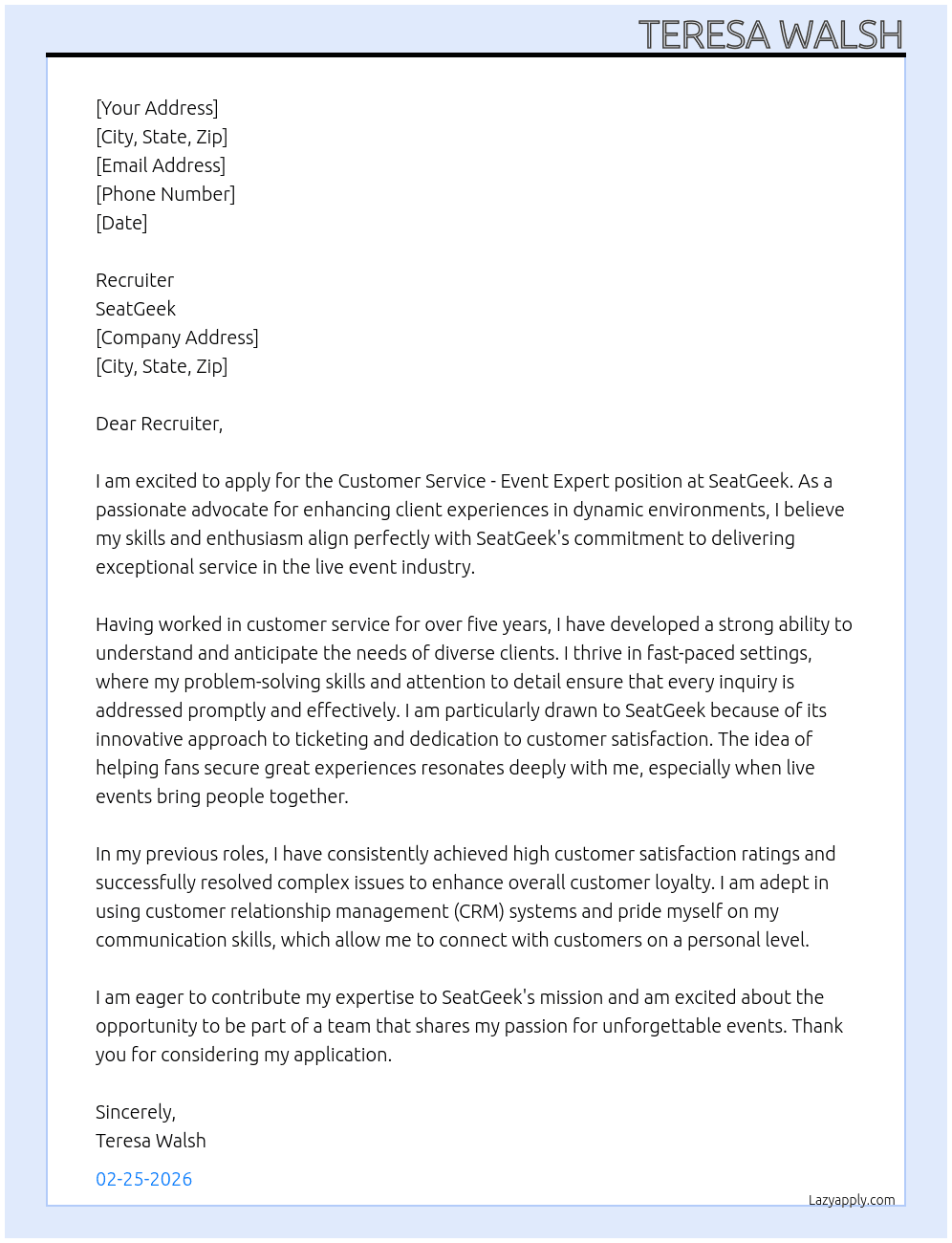 Cover letter for customer service- event expert - LazyApply