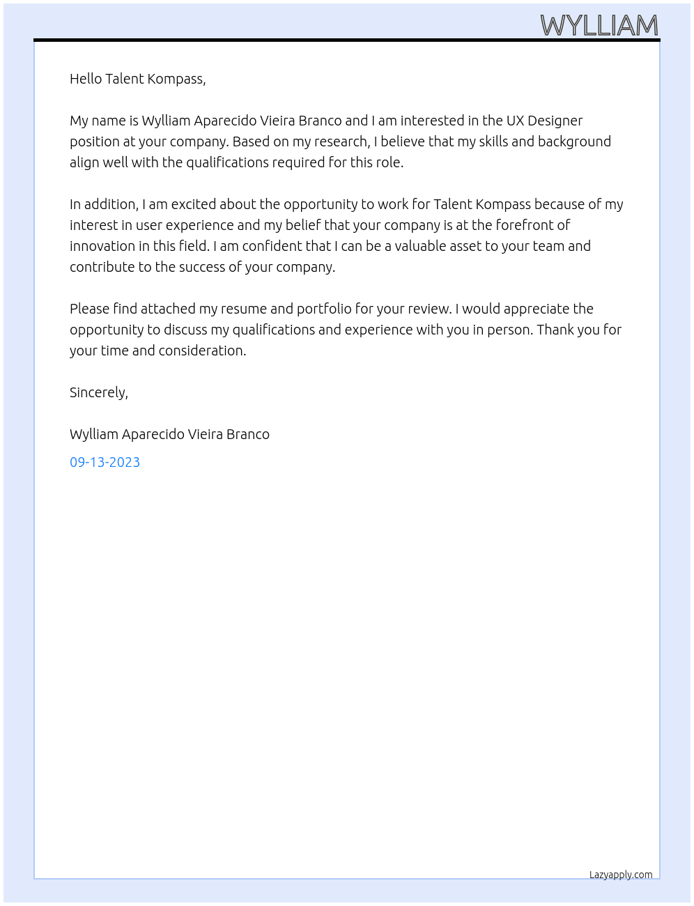 ux designer At Talent Kompass Cover Letter