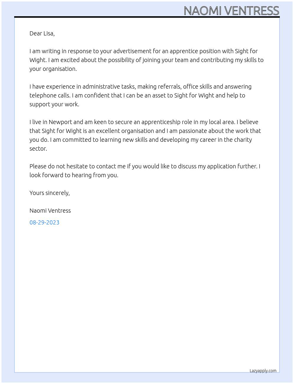 ROVI Apprentice At Sight for Wight Cover Letter