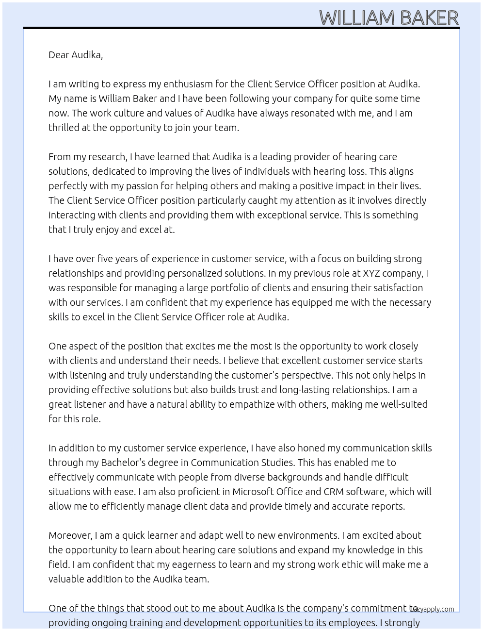 Client Service Officer At Audika Cover Letter