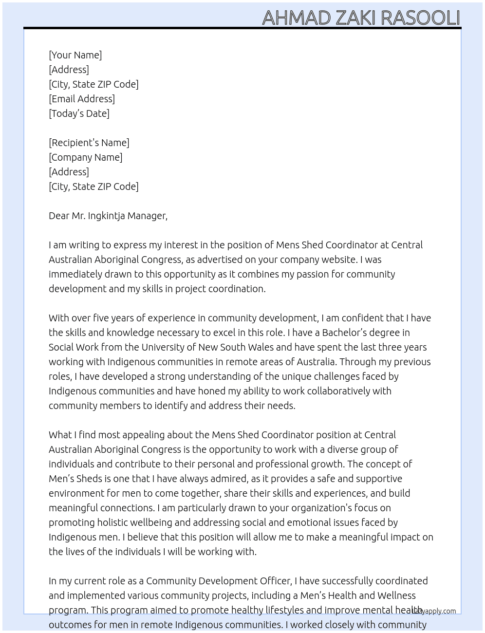 Mens Shed Coordinator At Central Australian Aboriginal Congress Cover Letter
