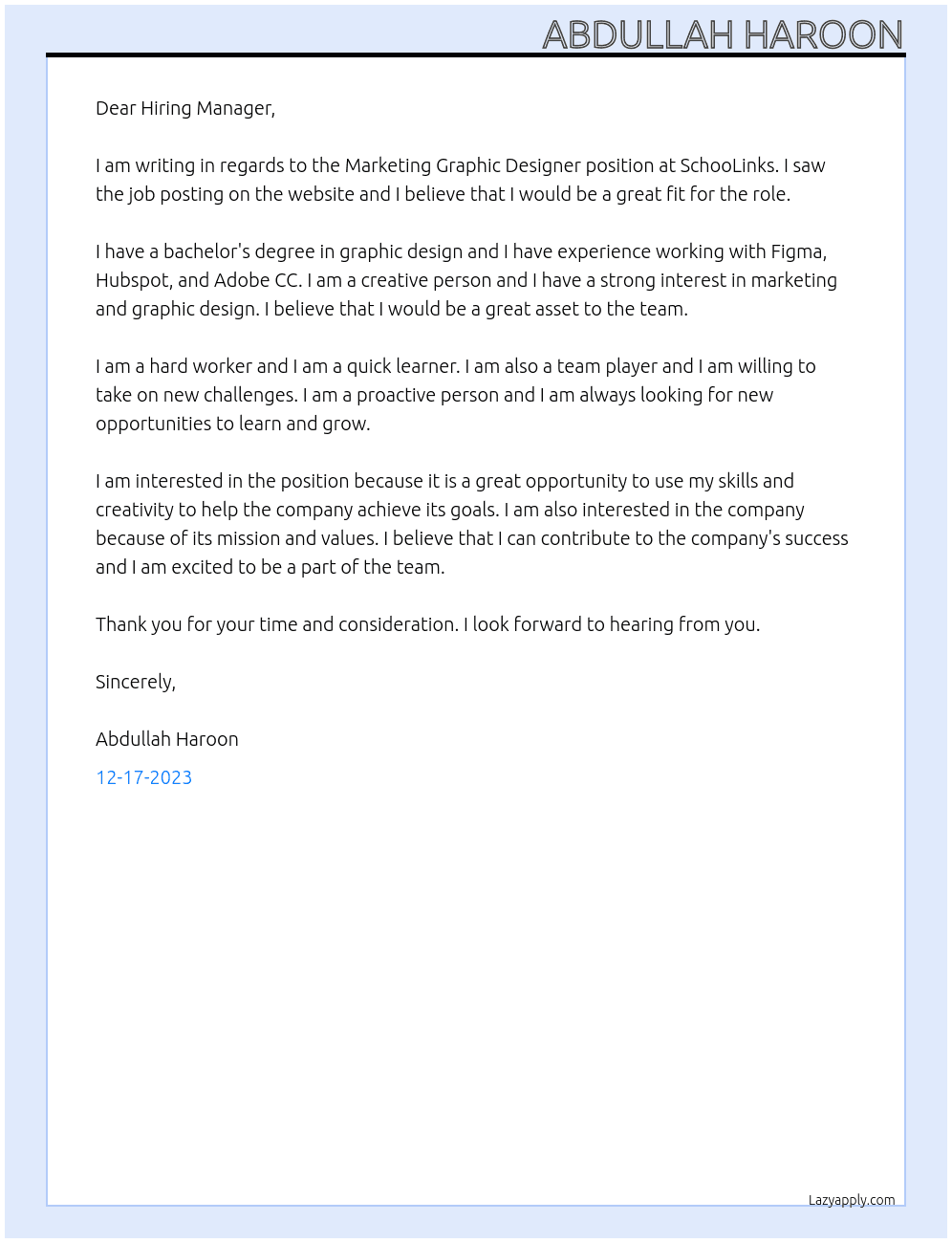 Marketing Graphic Designer At SchooLinks Cover Letter