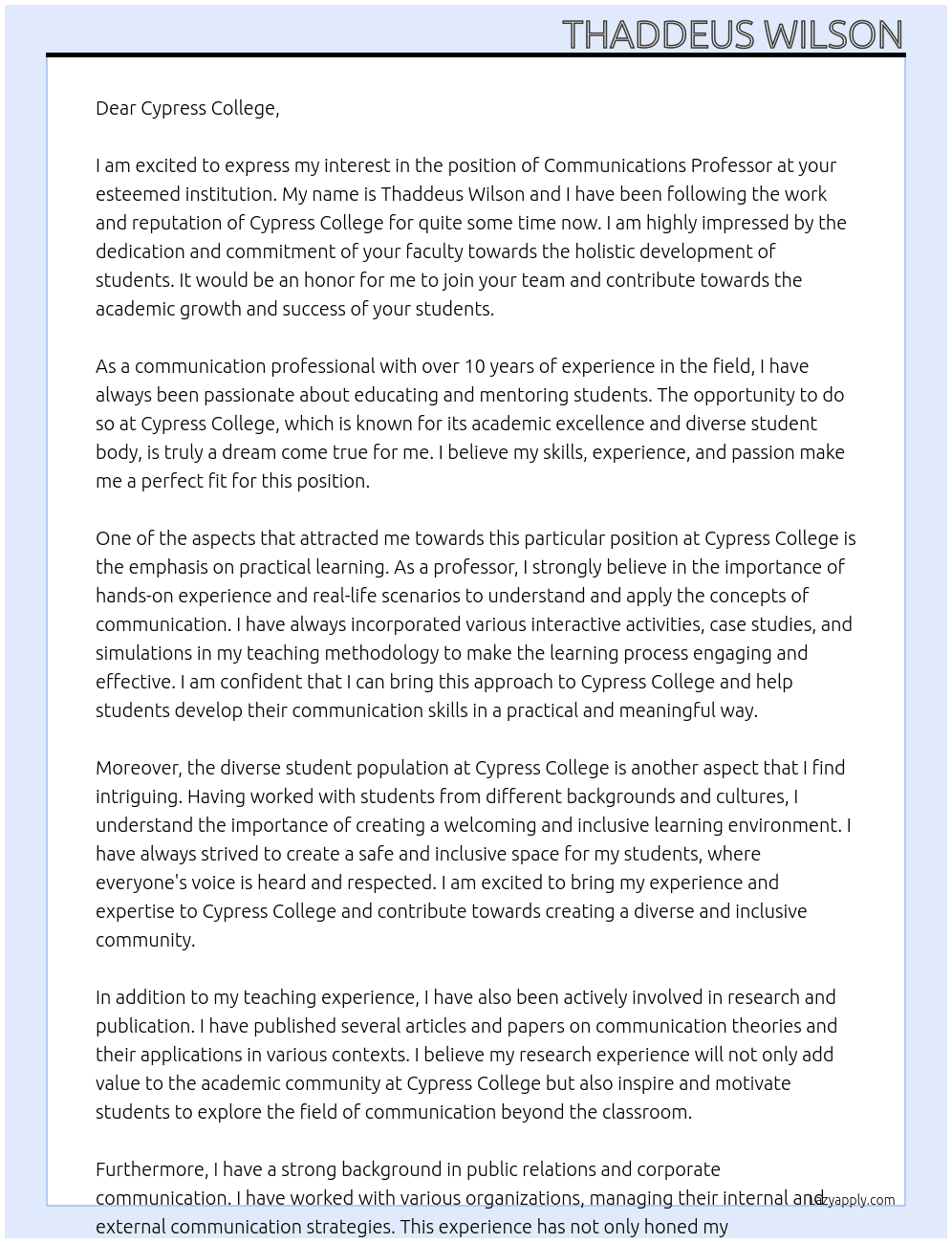 Communications Professor At Cypress College Cover Letter
