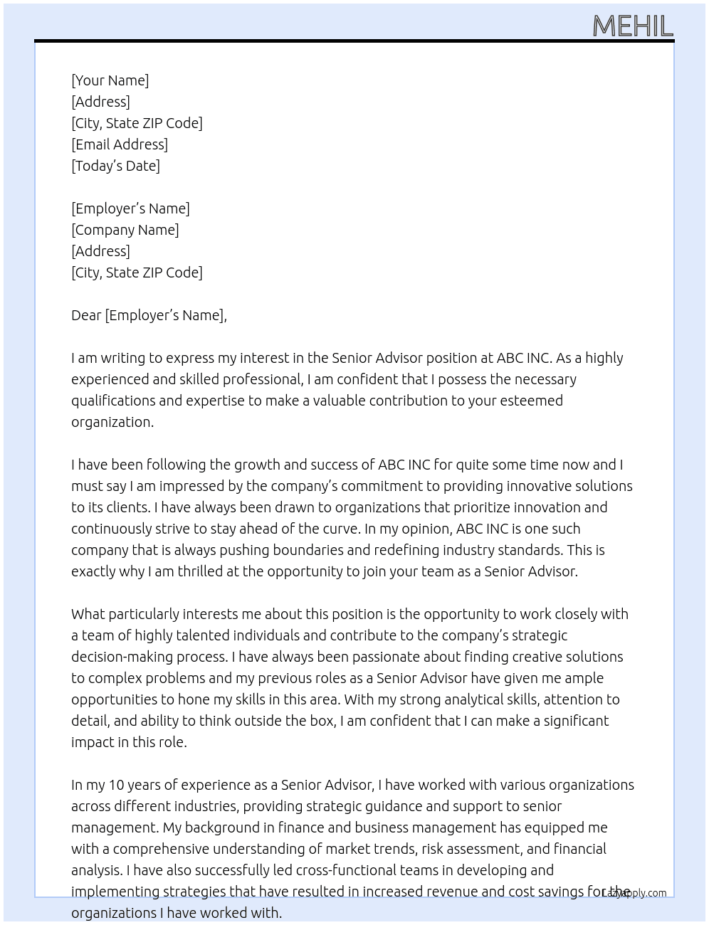 Senior Advisor At ABC INC Cover Letter