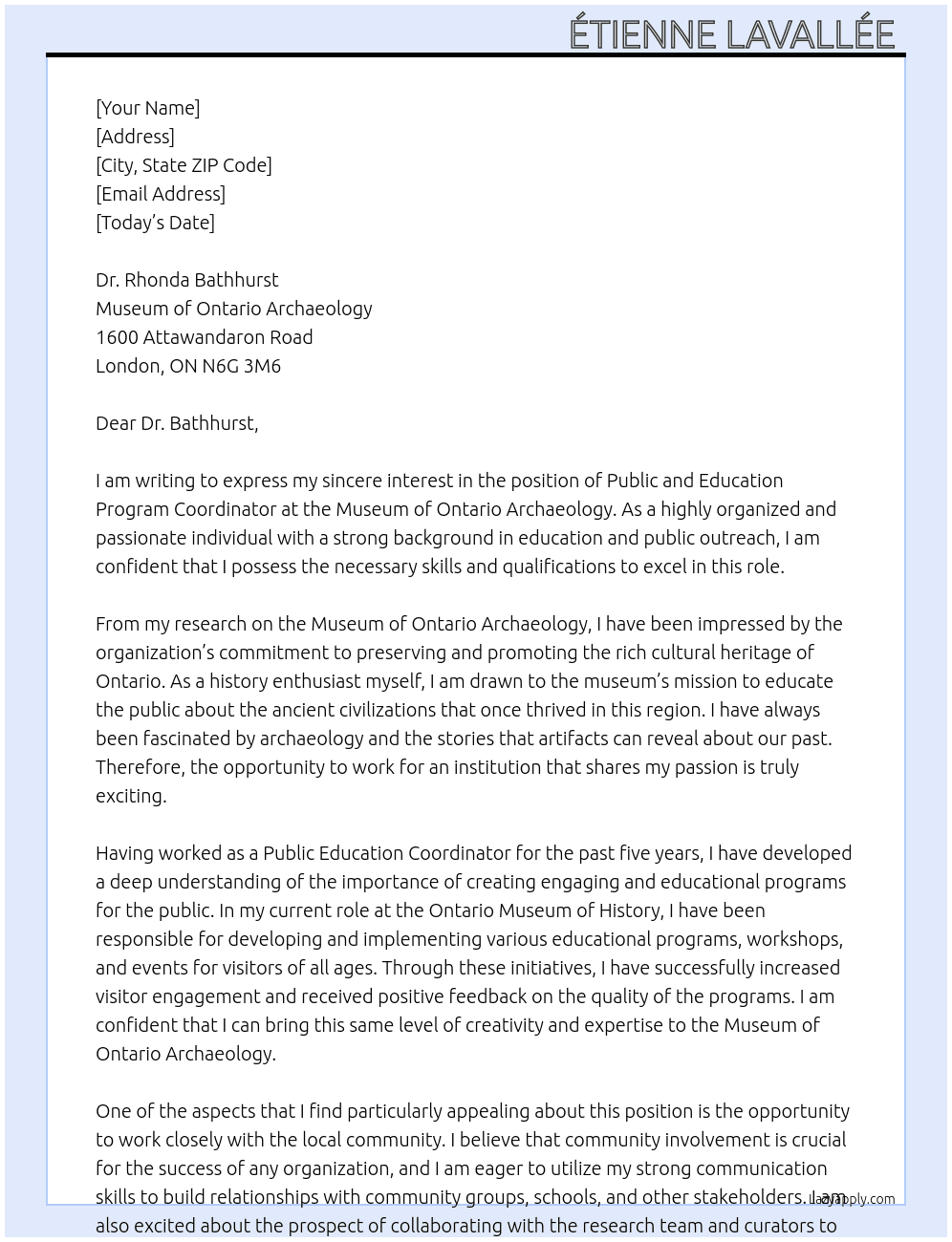 Public and Education Program Coordinator At Museum of Ontario Archaeology Cover Letter